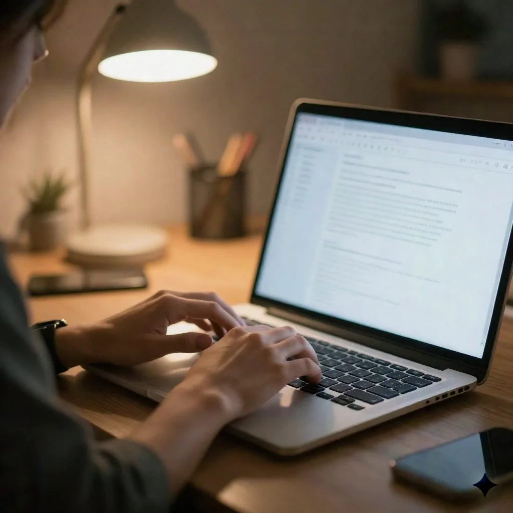 Close-up of hands typing a follow-up email at a desk in the evening