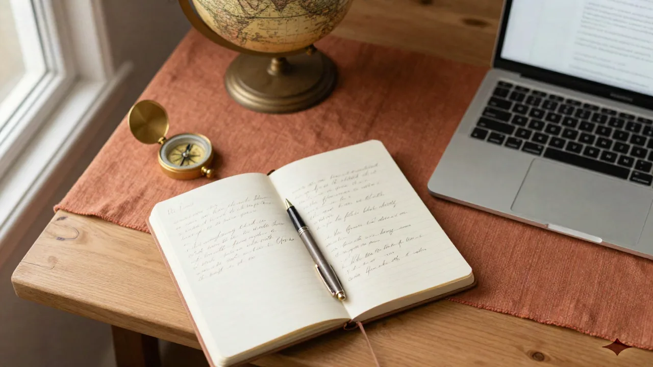 Overhead desk flat-lay with notebook, fountain pen, and laptop in warm terracotta tones