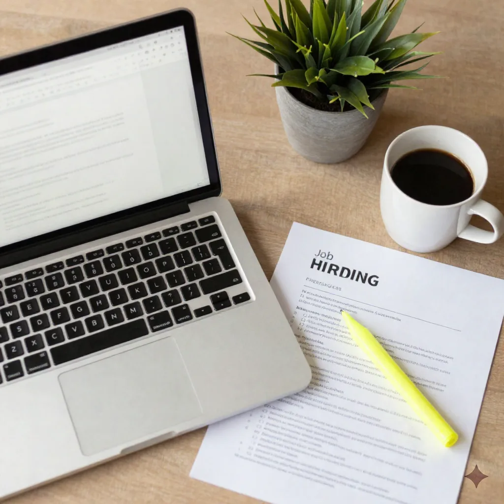 Overhead view of a laptop, a printed job posting, and a highlighter pen on a desk