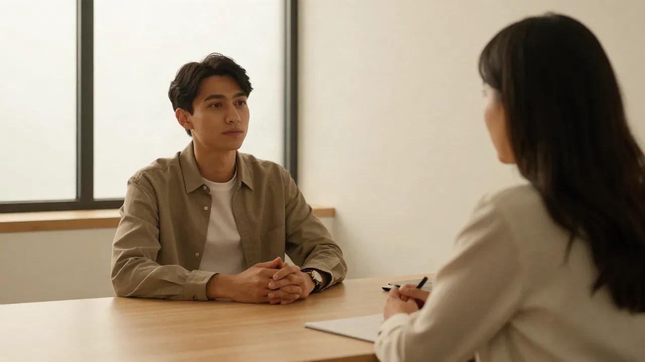 Job interview in a modern office, candidate across desk from interviewer