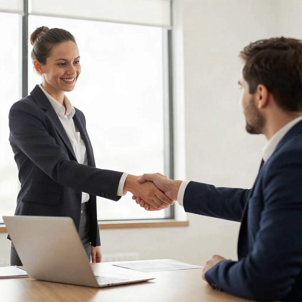 Two professionals shaking hands in a bright office after a job interview