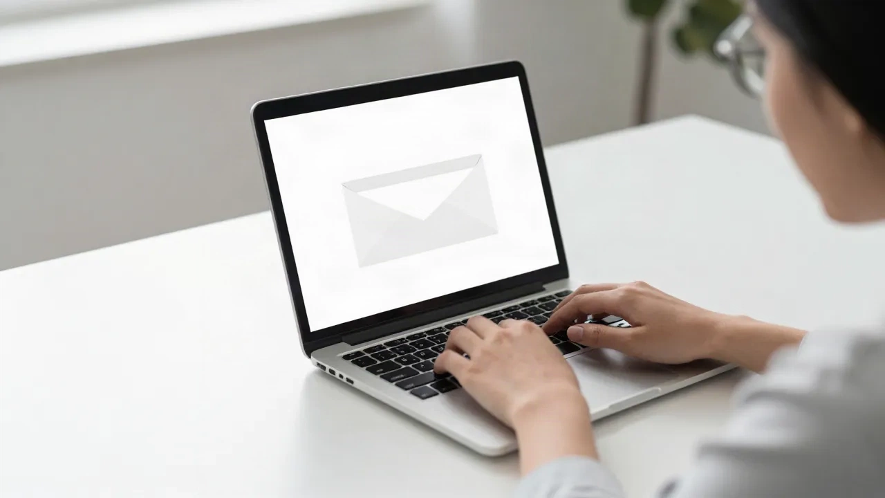 Professional person typing a thank you email on a laptop at a clean modern desk