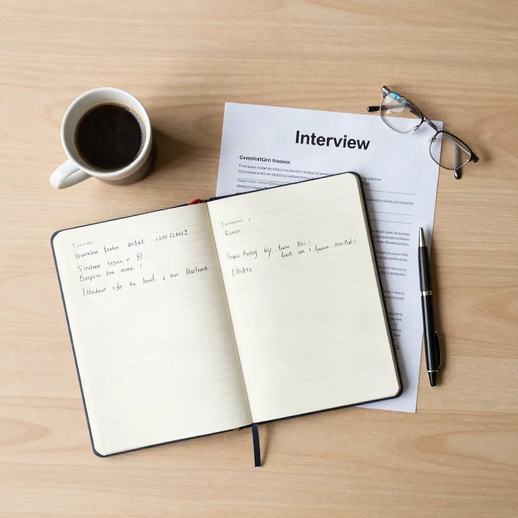 Interview preparation notes and job description on a desk