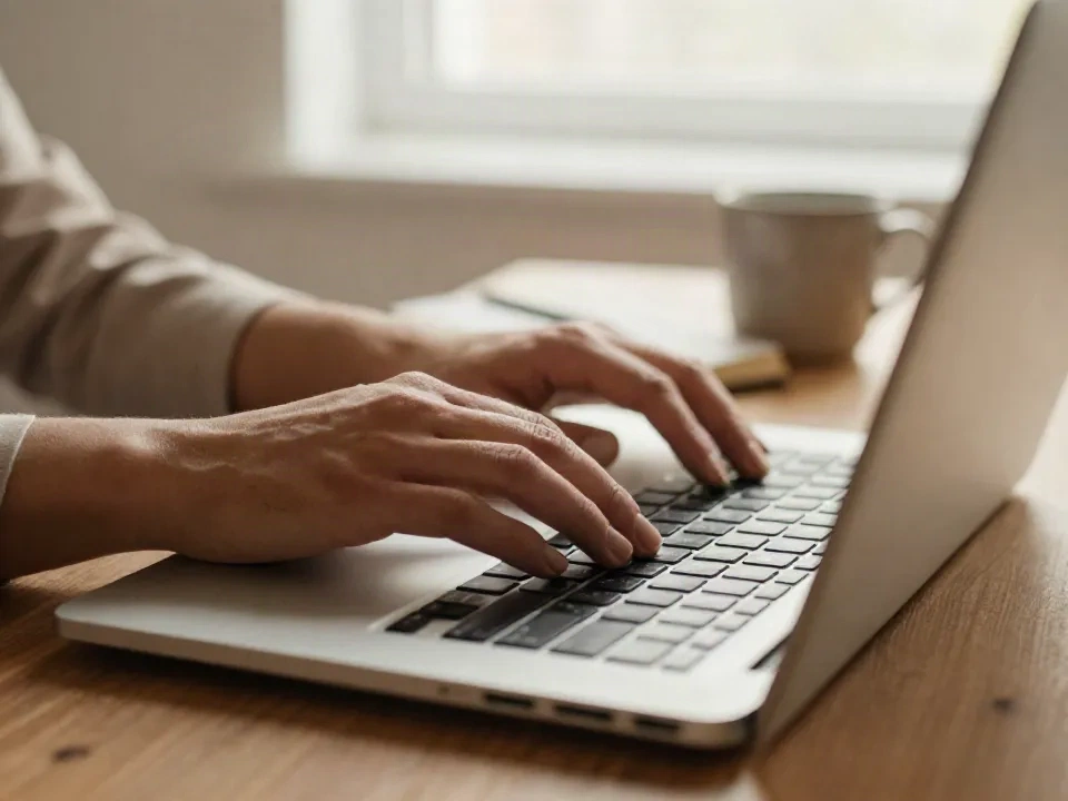 Close-up of hands typing on a laptop keyboard at a wooden desk