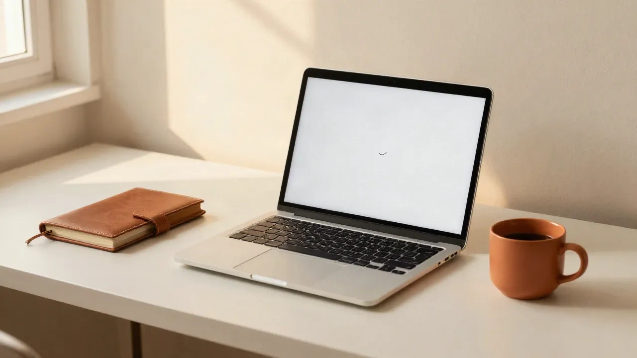Minimalist desk with an open laptop, a leather notebook, and a terracotta coffee cup in warm morning light