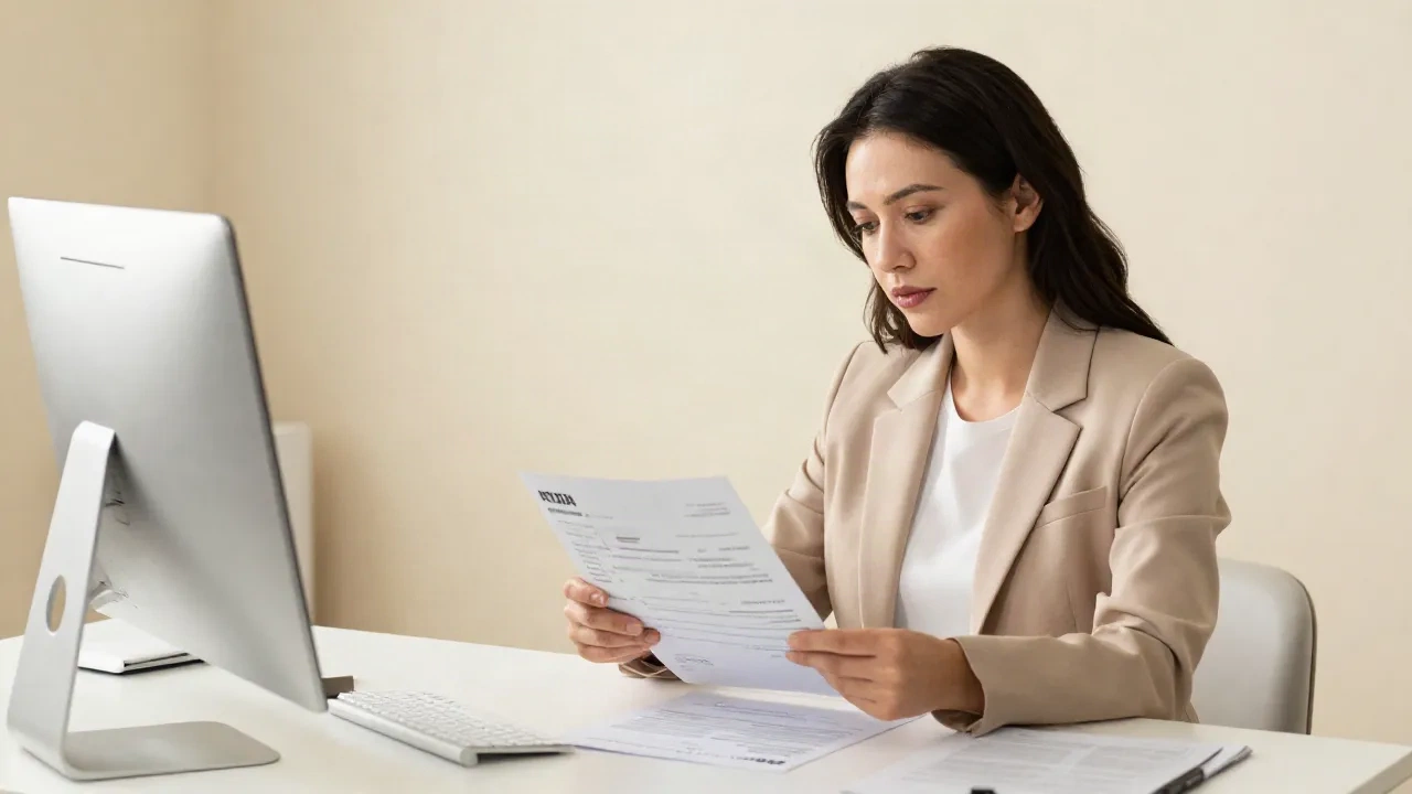 A recruiter reviewing professional resumes at her desk