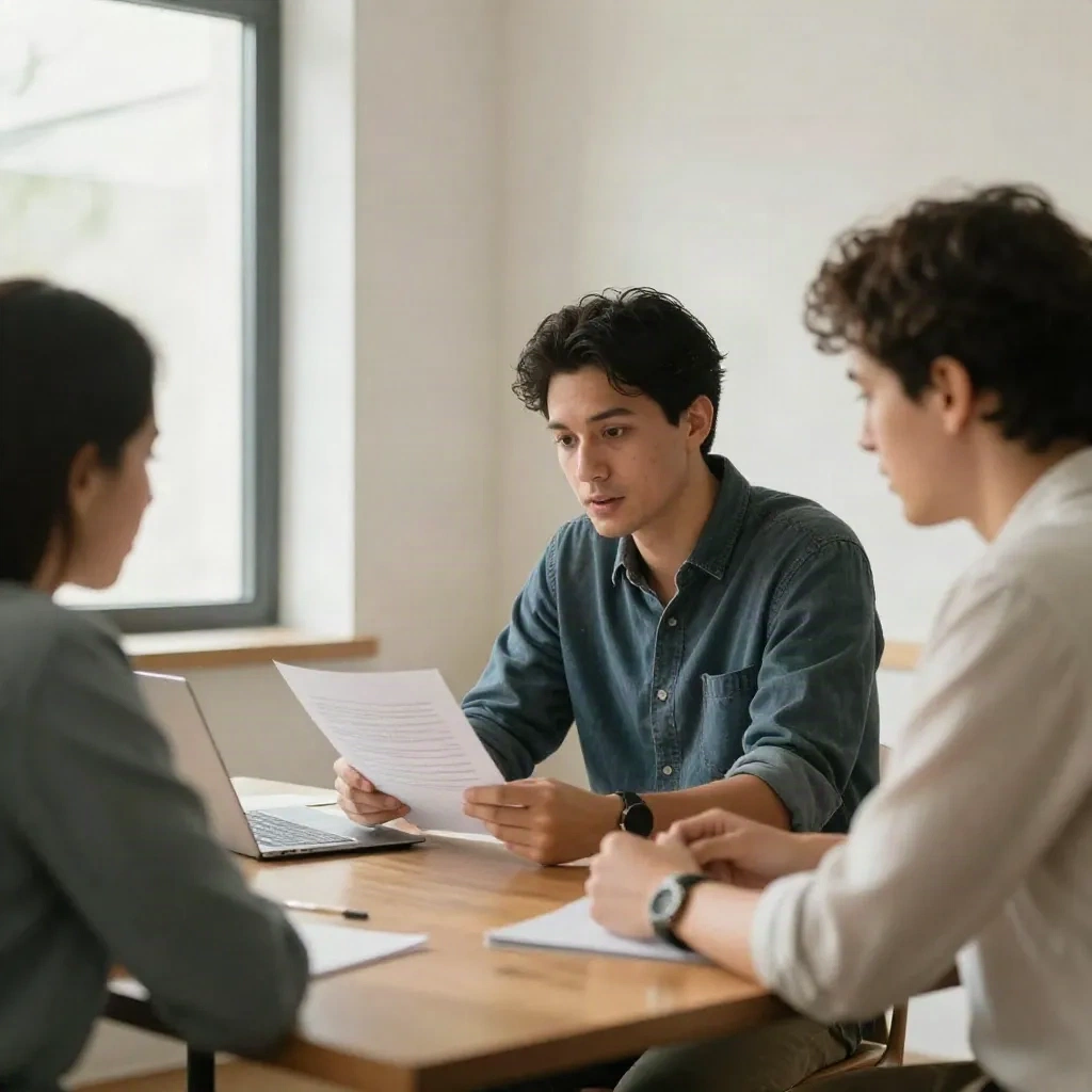 Two professionals in a meeting room reviewing a document