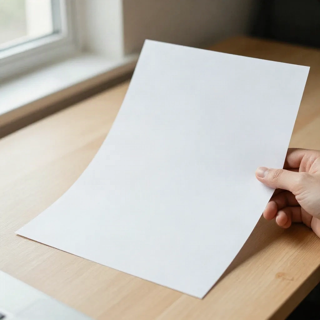 A hand reviewing a printed document on a light wood desk, editorial style