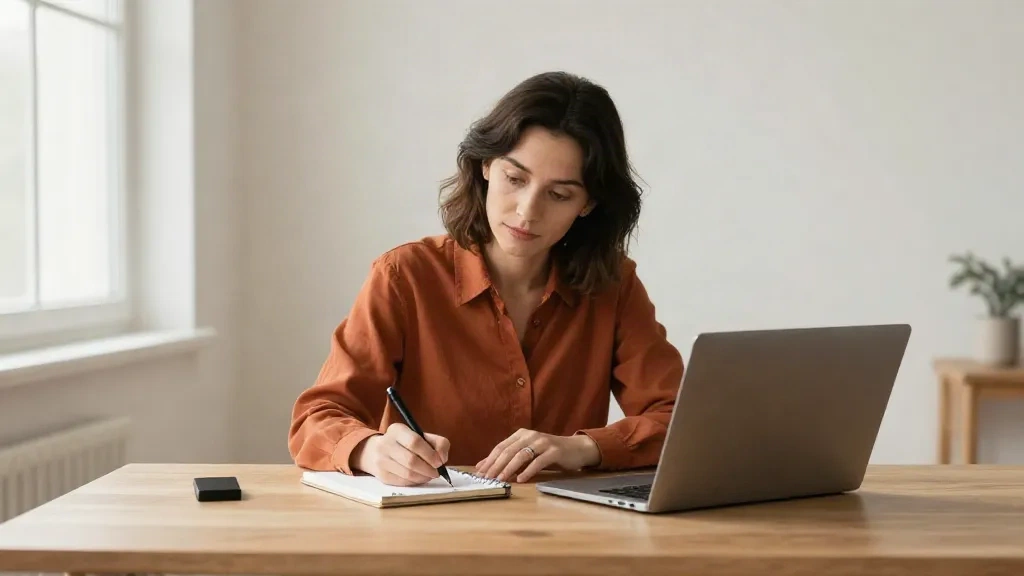Professional woman writing focused at a clean desk, warm sidelight, editorial workspace