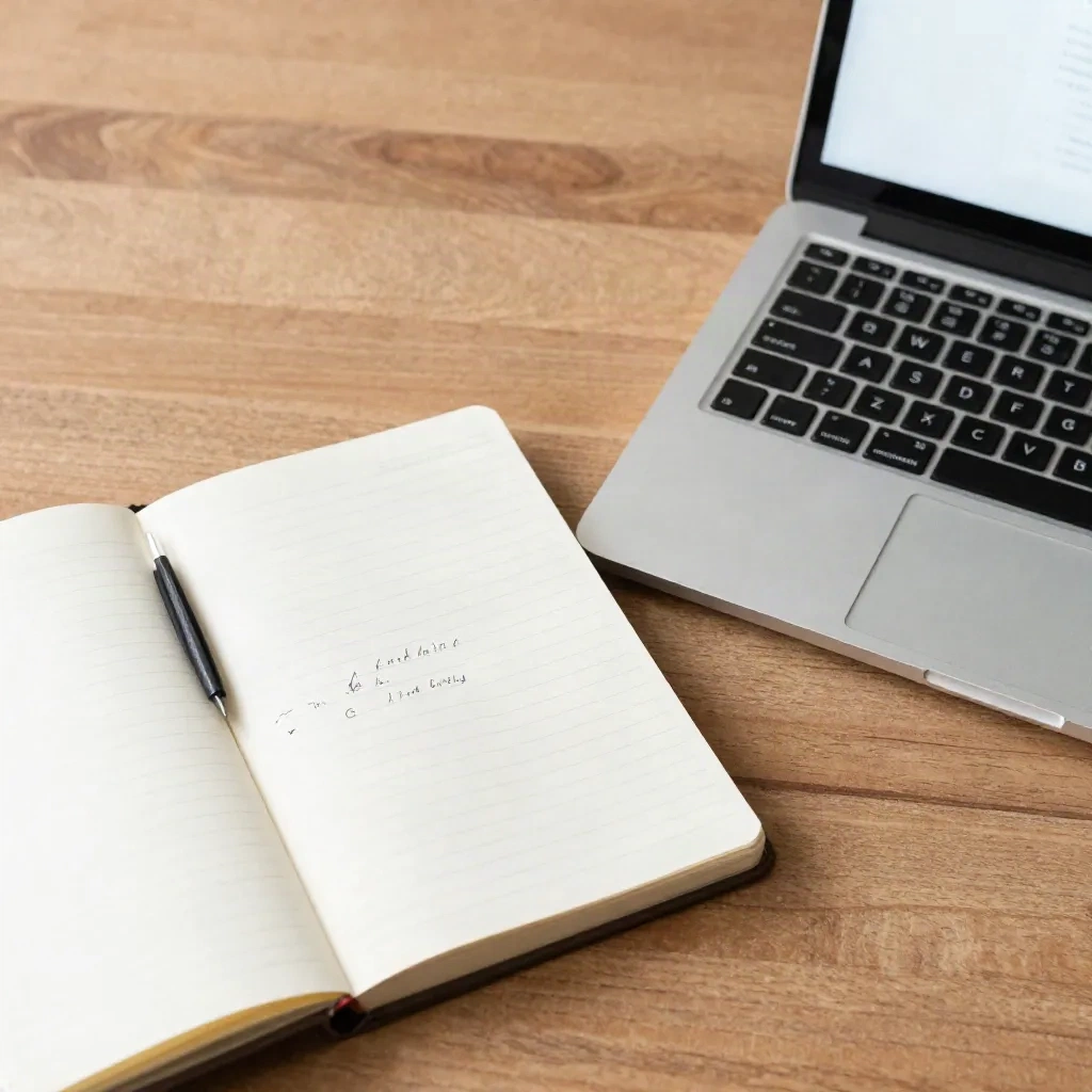 Open notebook with notes next to a laptop on a clean wooden desk, morning workspace