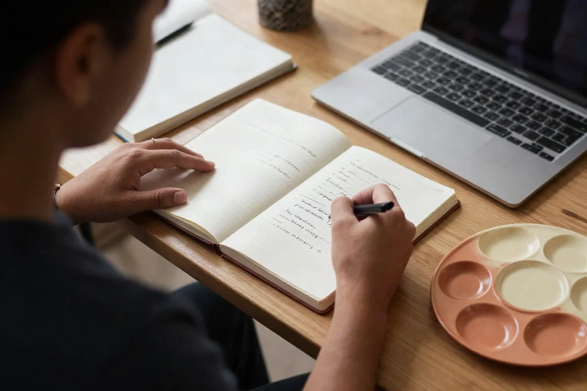 Freelancer sketching short phrases in a notebook beside a closed laptop