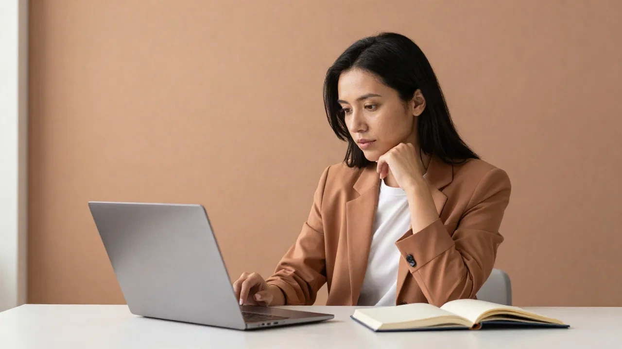 Professional reviewing a LinkedIn profile at a clean editorial desk, warm natural light