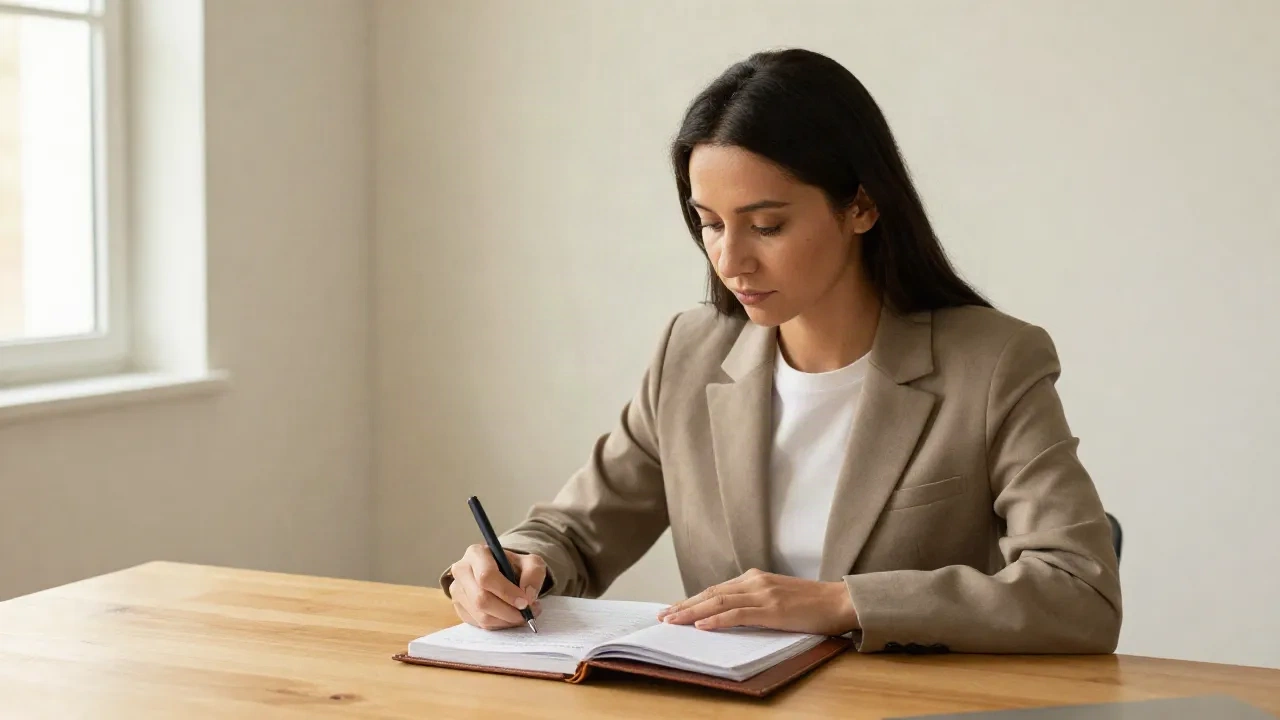 Professional writing interview preparation notes in a leather notebook at a wooden desk