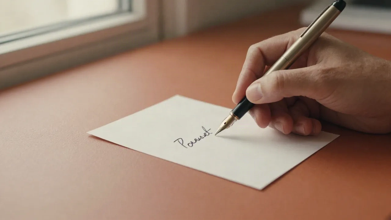 Hand writing a short slogan line on an index card with a fountain pen