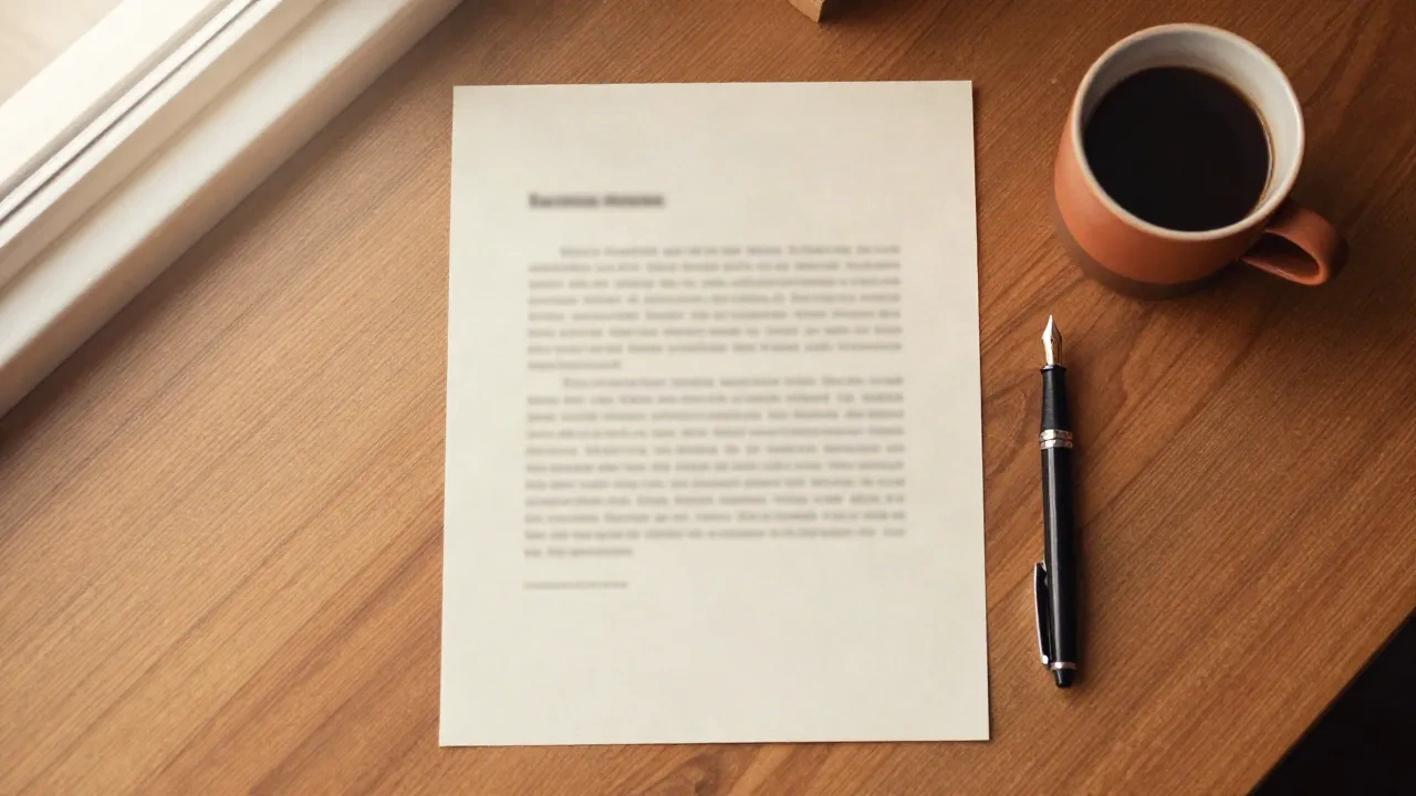 A single typed cover letter on a wooden desk beside a fountain pen and a cup of coffee