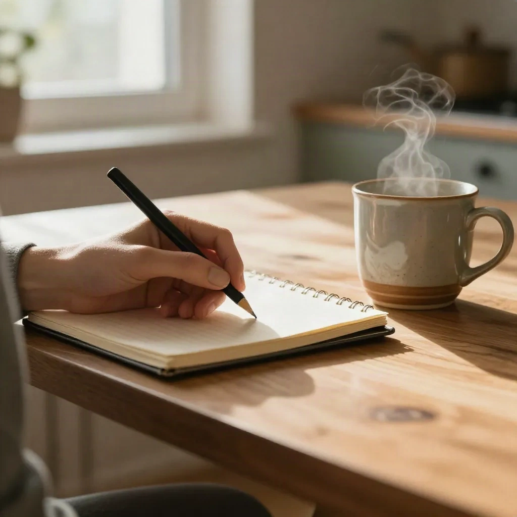 Close-up of hands writing preparation notes in a small notebook beside a steaming mug on a wooden table