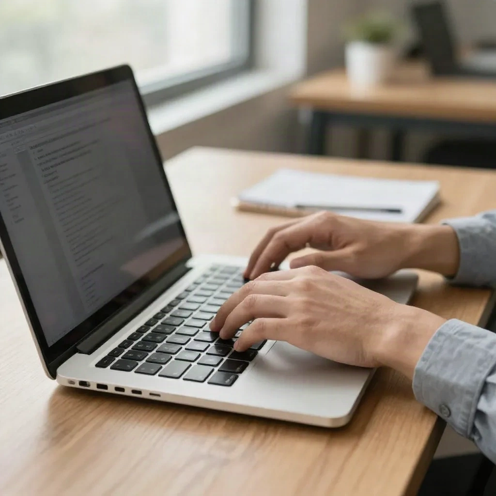 Professional reviewing a LinkedIn profile at a clean editorial desk