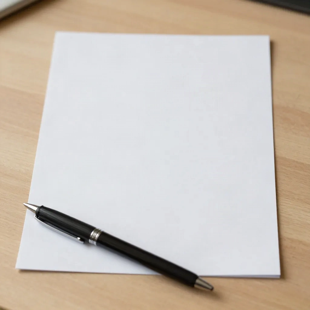 A single clean sheet of paper with a pen resting beside it, representing a professional resignation letter