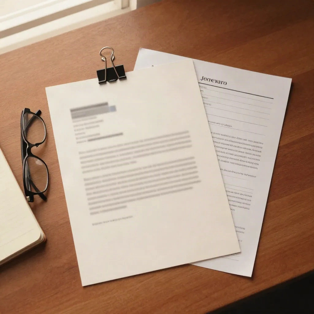 A one page cover letter clipped on a desk next to a printed application form and reading glasses