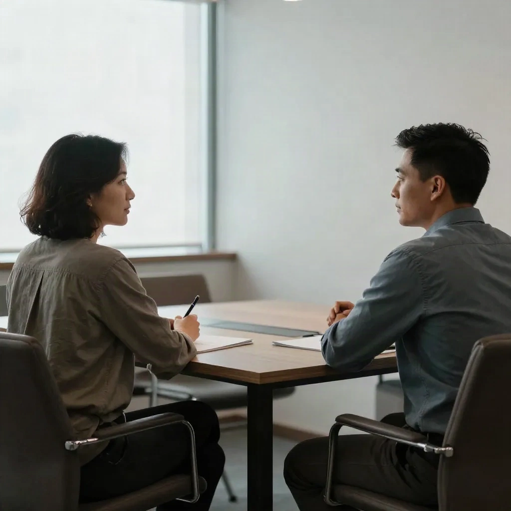 Two professionals having a calm conversation across a meeting table before a formal resignation
