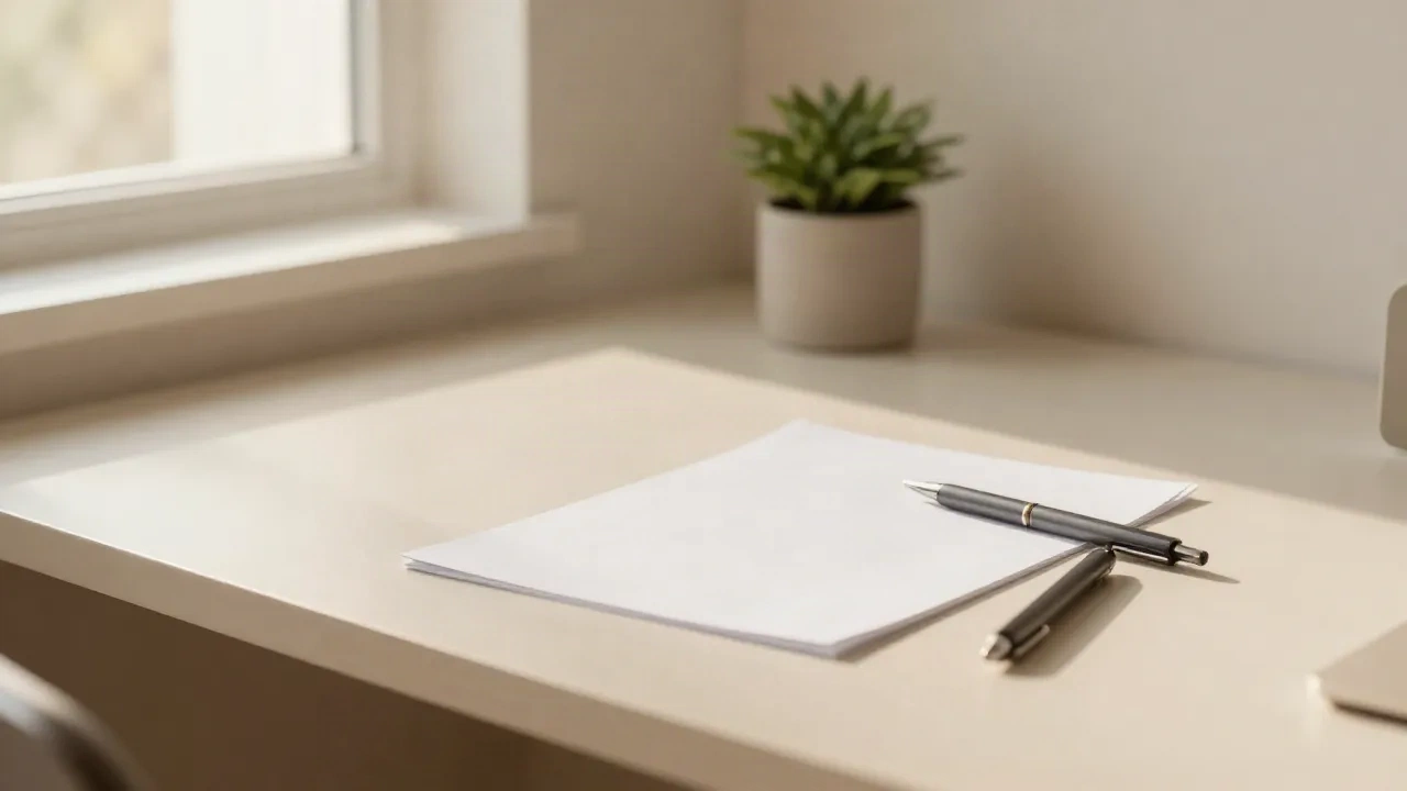 A clean desk with paper and pen ready for professional writing, warm afternoon light
