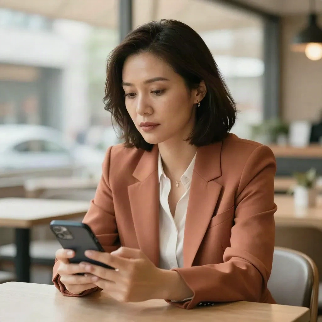 Professional reviewing her phone screen at a bright cafe table