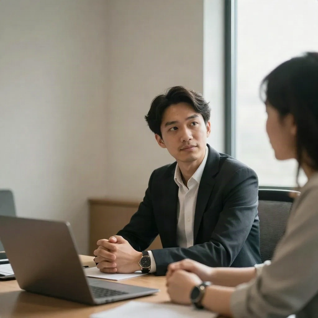 Two professionals in a calm office meeting, natural window light, candid conversation
