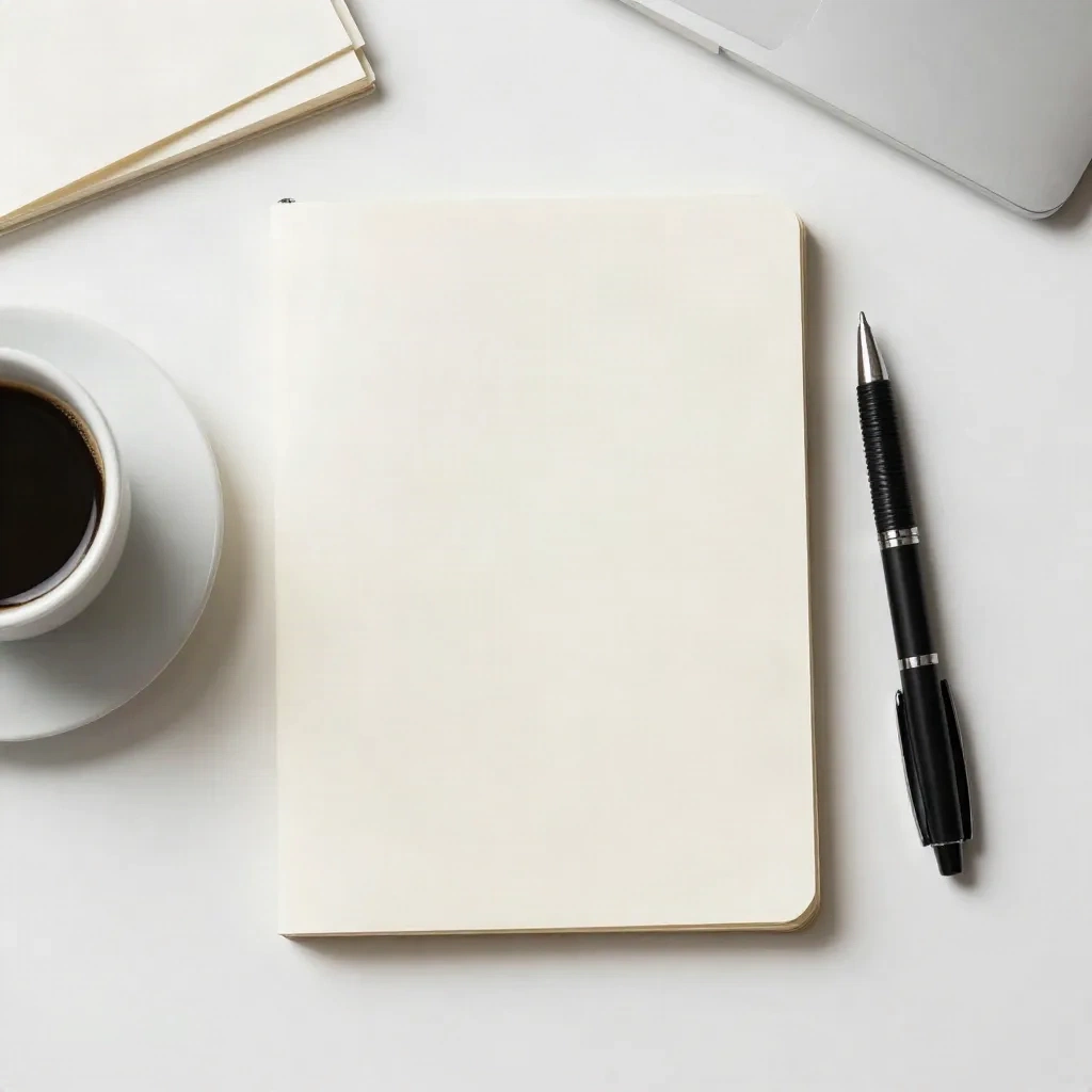 Flat-lay of a cream notepad and pen on a white desk with a coffee cup, interview preparation setup