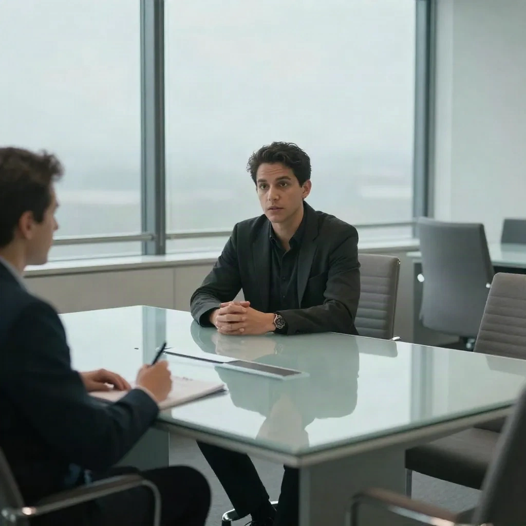 Two professionals in a meeting room, one person speaking calmly during a job interview while the other takes notes