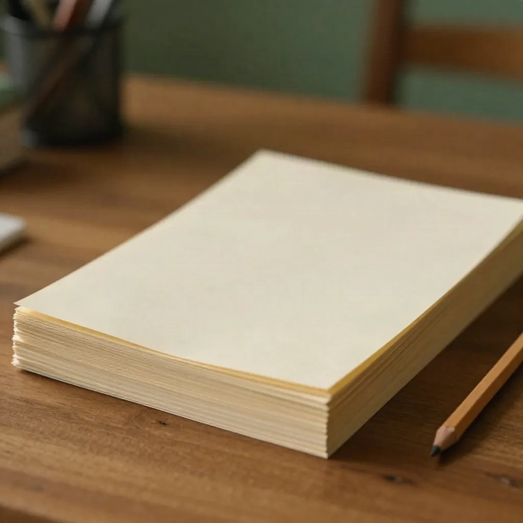 A stack of blank cream paper on a desk with a pencil beside it