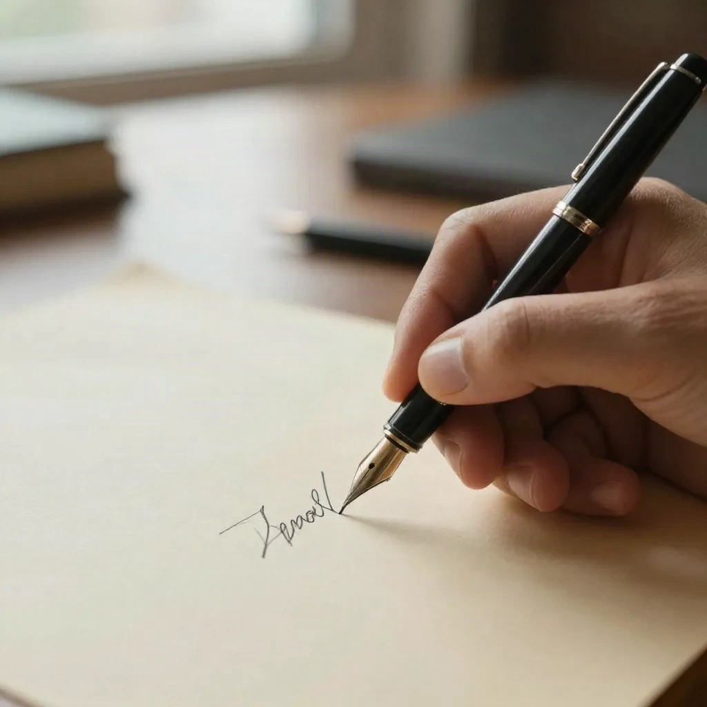 A hand signing the bottom of a letter with a fountain pen