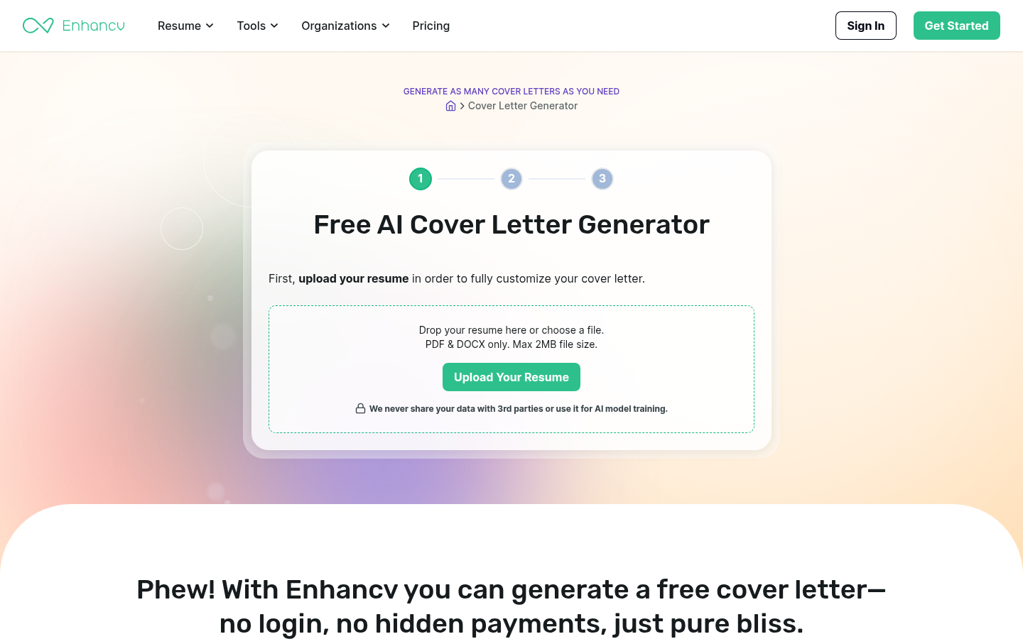 Enhancv free AI cover letter generator upload step