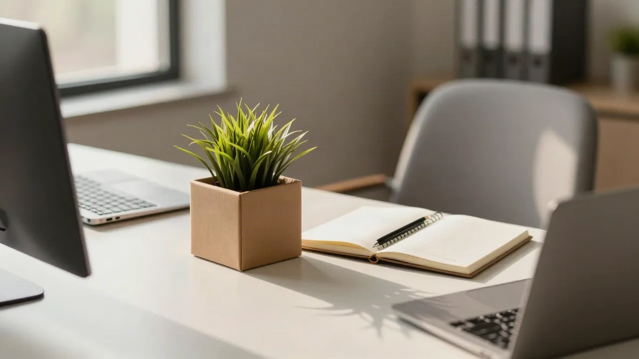 Cleared office desk with a small potted plant in a cardboard box and an open notebook
