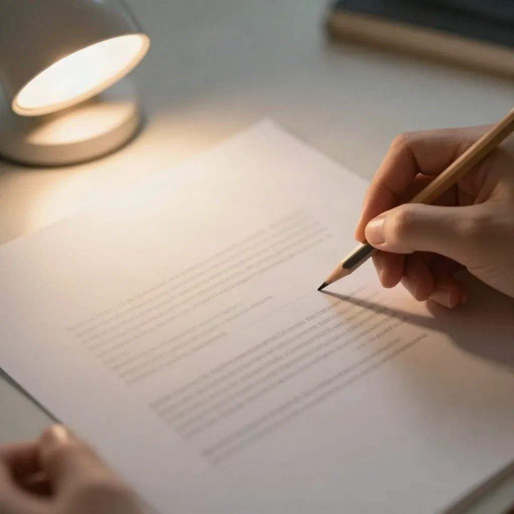 Hands marking up a printed draft letter with a pencil