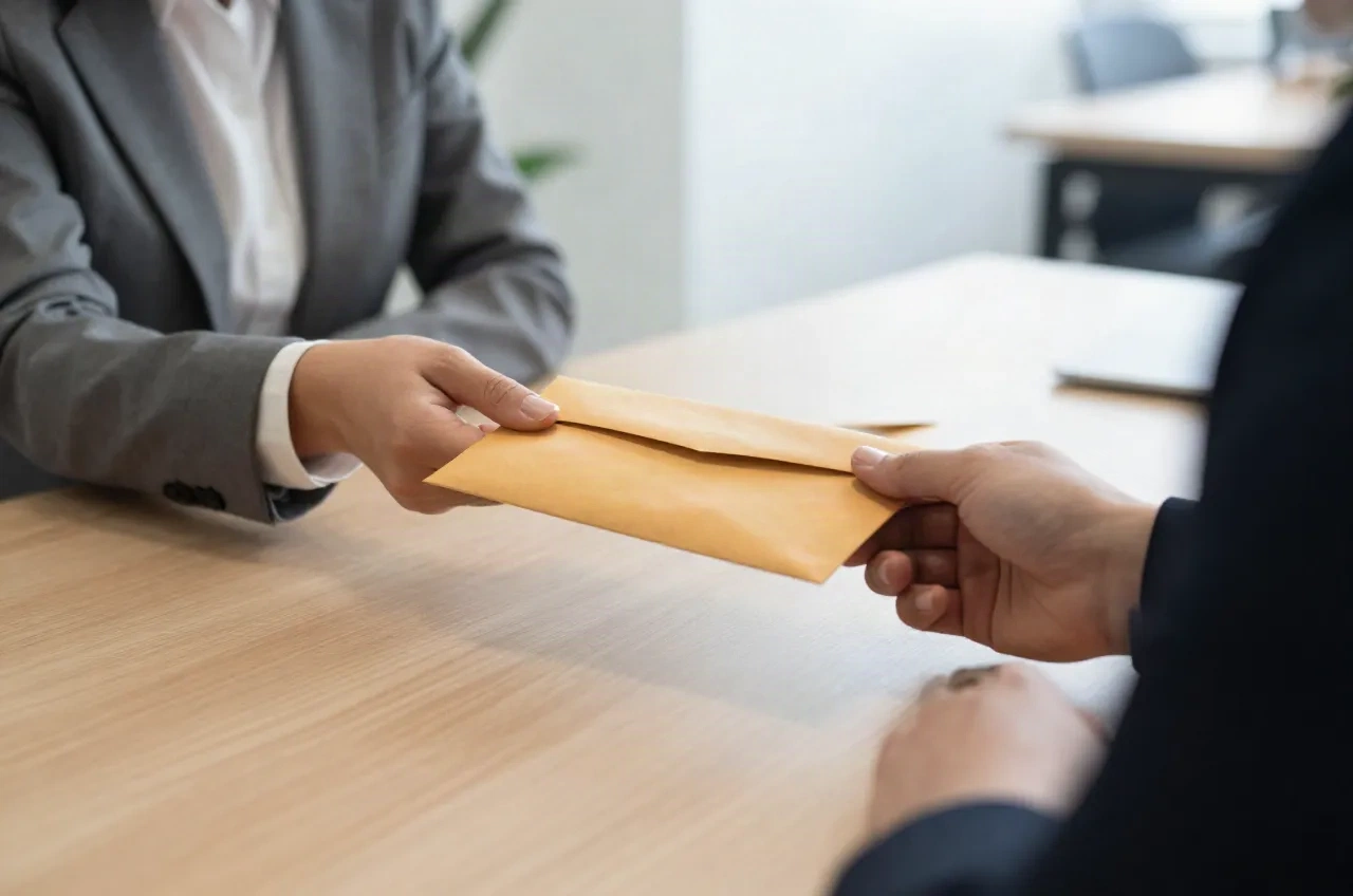 A professional handing a sealed envelope across a meeting table