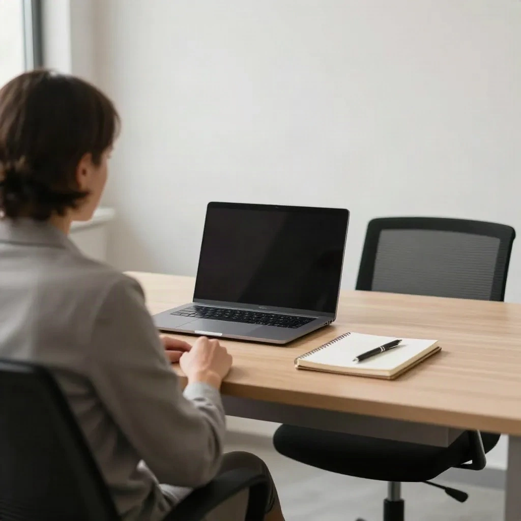 A manager's desk seen from the visitor chair before a resignation conversation