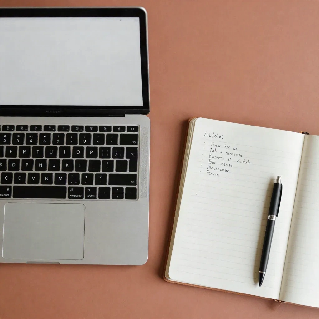 A laptop with an empty document beside a notebook with a short list of bullet points