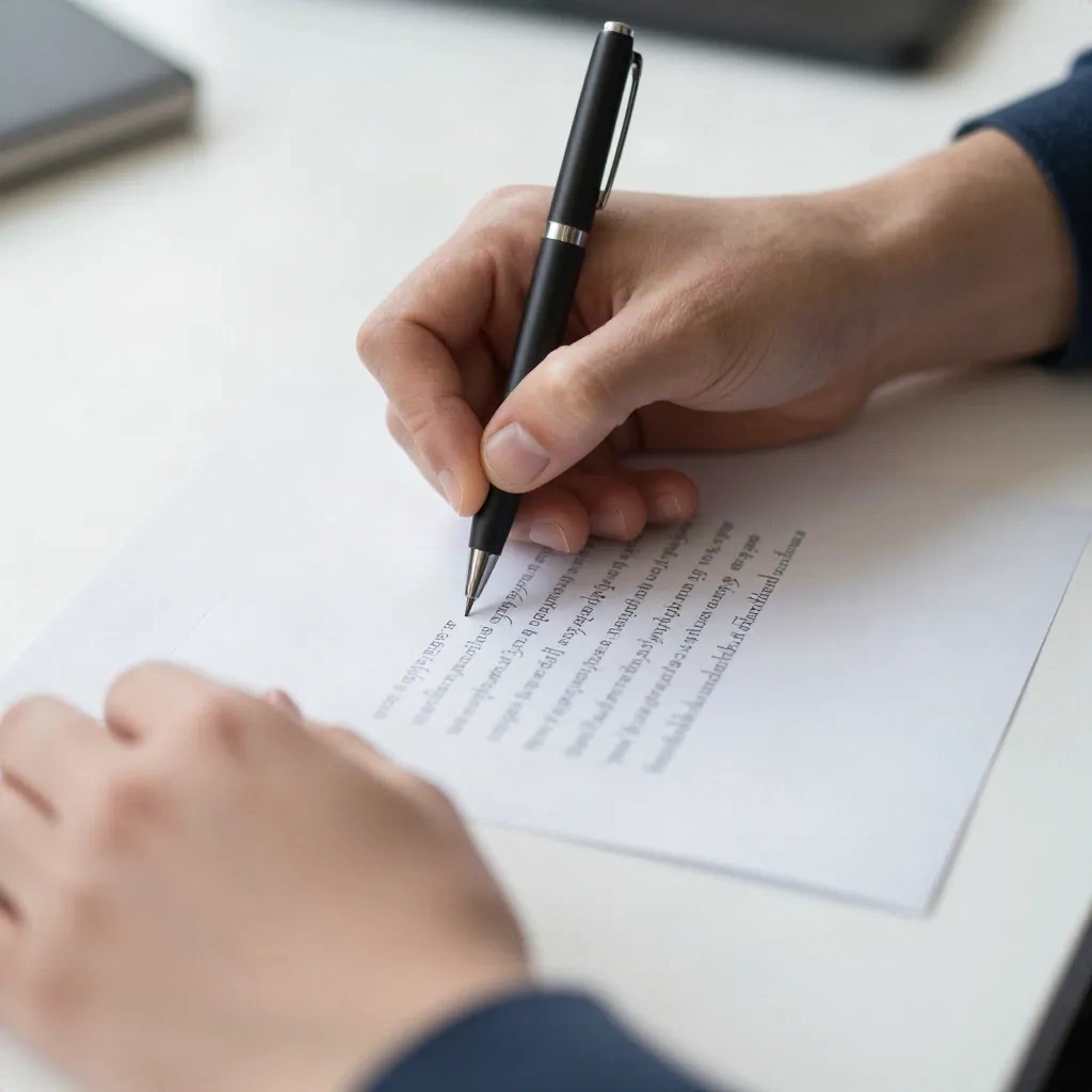 Hands signing a short typed resignation letter with a black pen