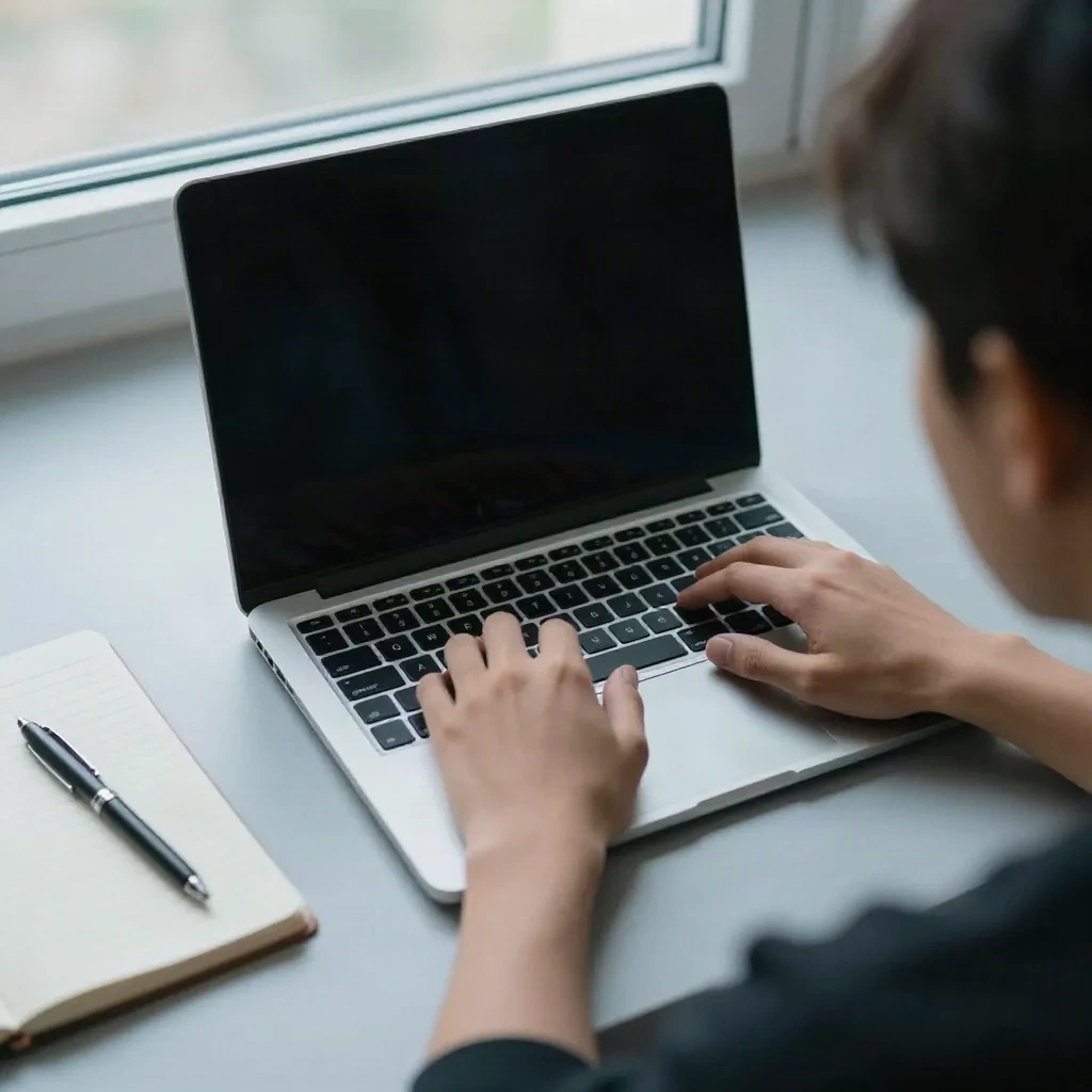 Person typing at a laptop beside a notebook and pen