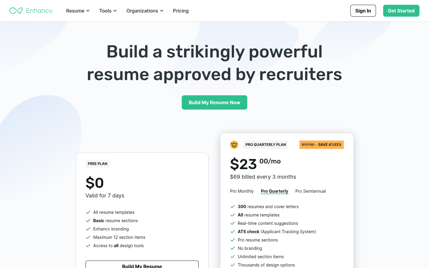 Enhancv pricing page showing the free plan and the Pro quarterly plan at 23 dollars per month