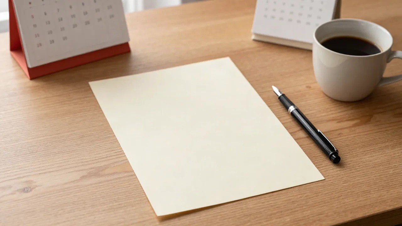 Een leeg vel crèmekleurig papier en een vulpen op een houten bureau, naast een koffiekopje en een papieren kalender