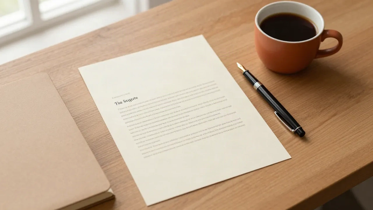 A printed one-page letter, fountain pen and coffee on a wooden desk