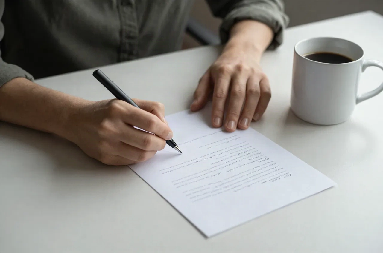 A person signing a short resignation letter at a tidy desk with a cup of coffee