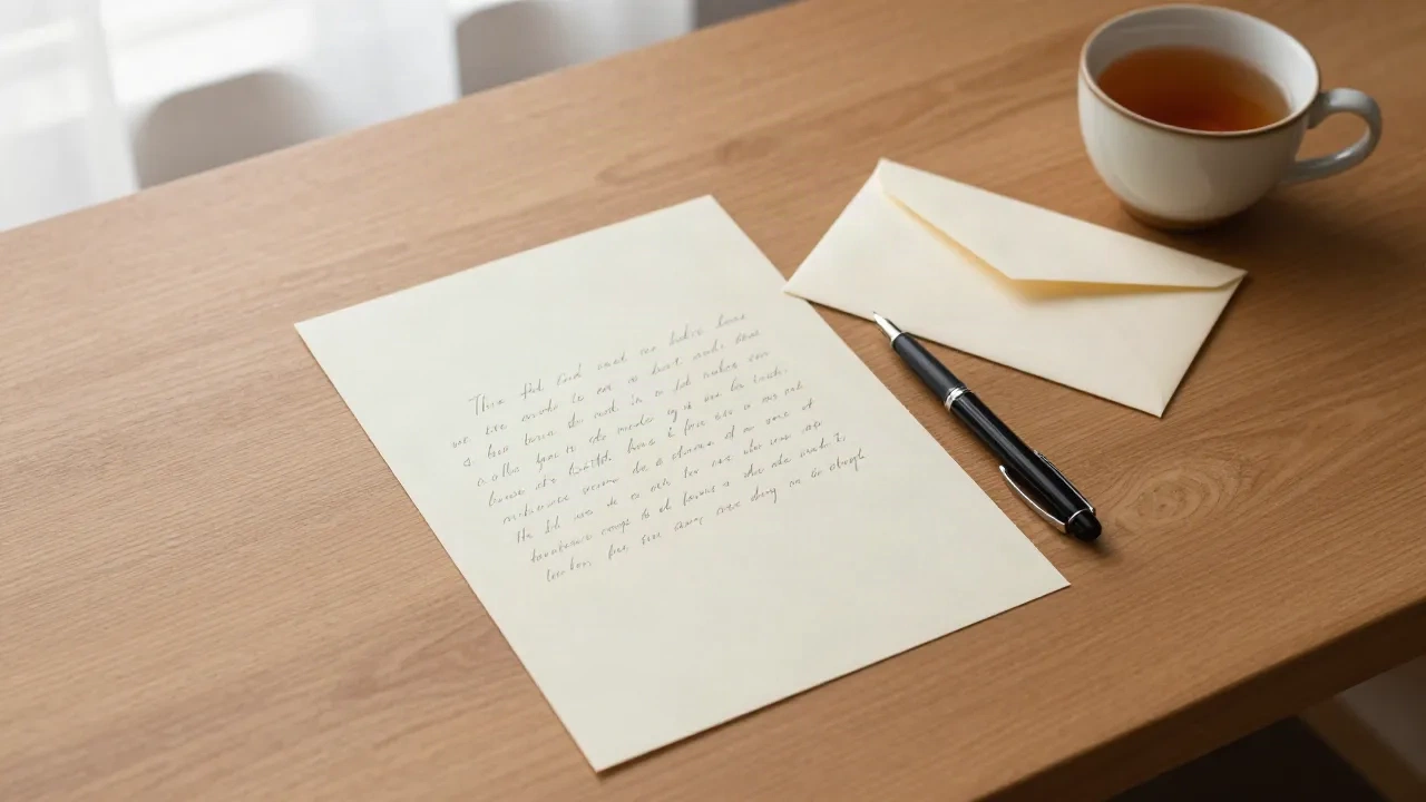 Handwritten resignation letter on cream paper beside a sealed envelope and a fountain pen