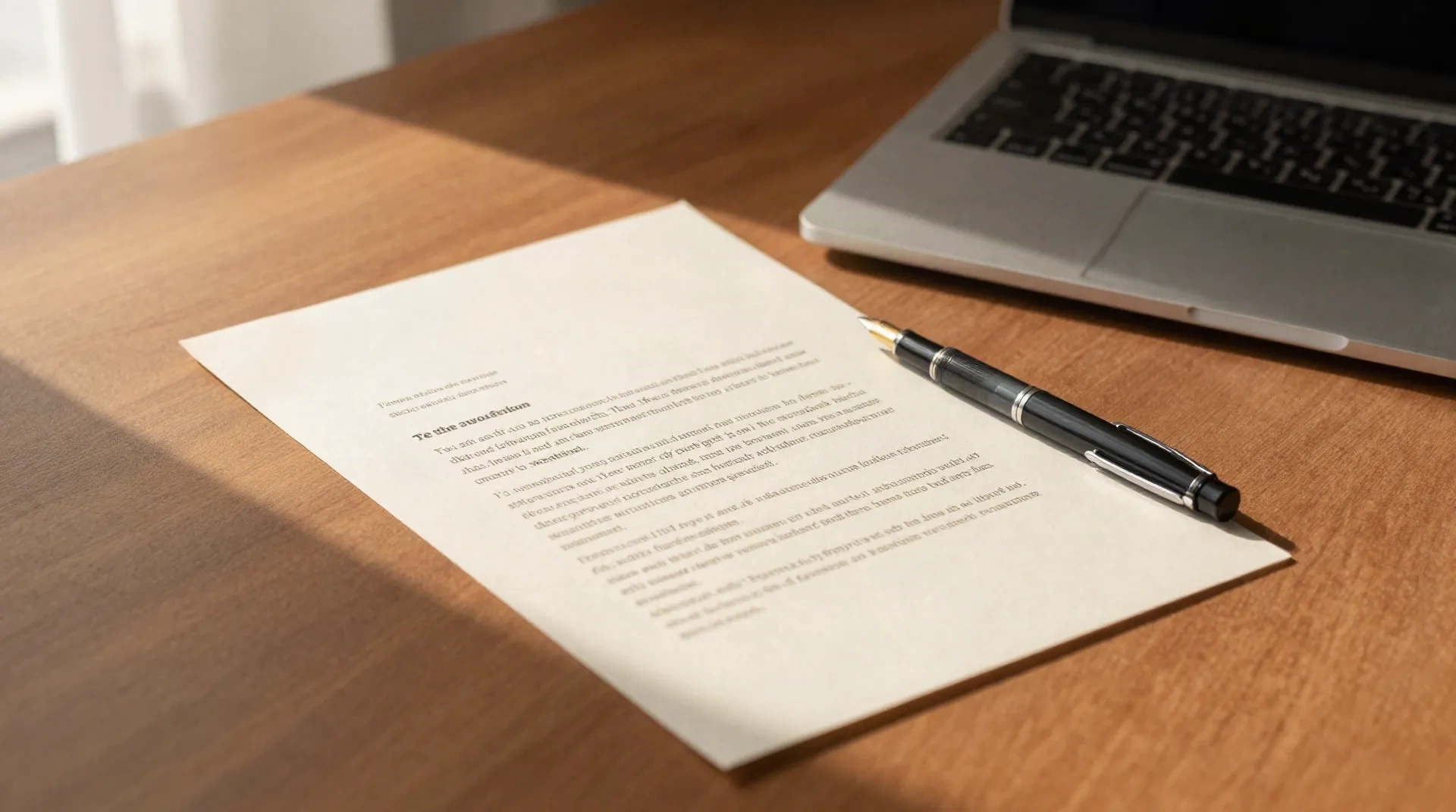 A printed resignation letter and a fountain pen on an oak desk beside a laptop