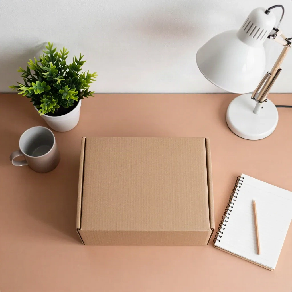 A desk being packed into a cardboard box with a plant, a mug and a notebook