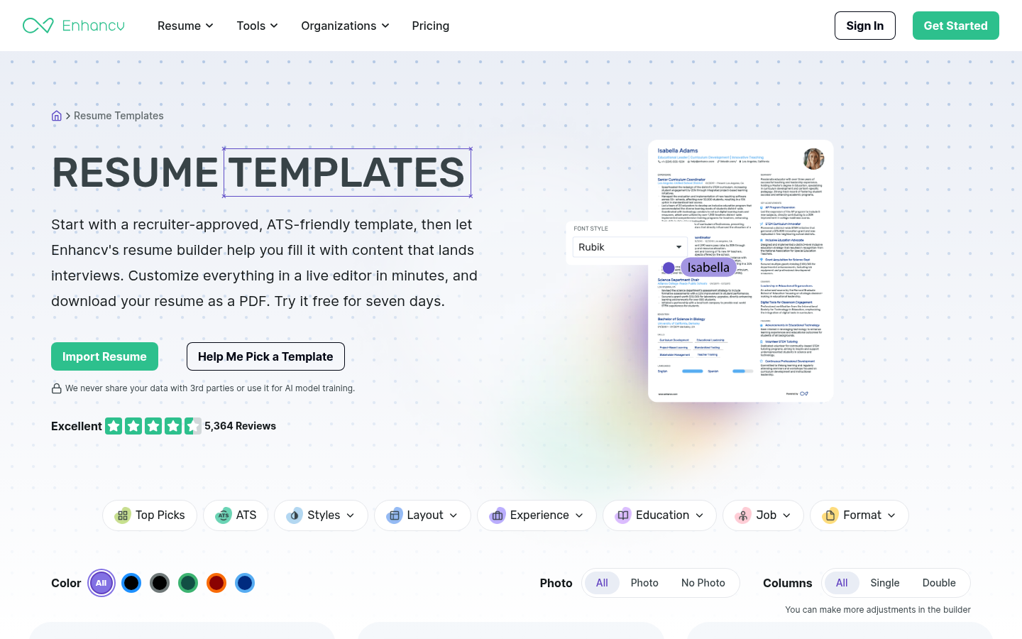 Enhancv resume templates page with filters and the 5,364 review badge