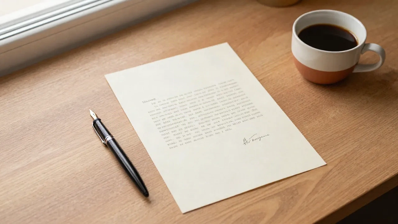 A typed cover letter on cream paper beside a fountain pen and a cup of coffee on a wooden desk