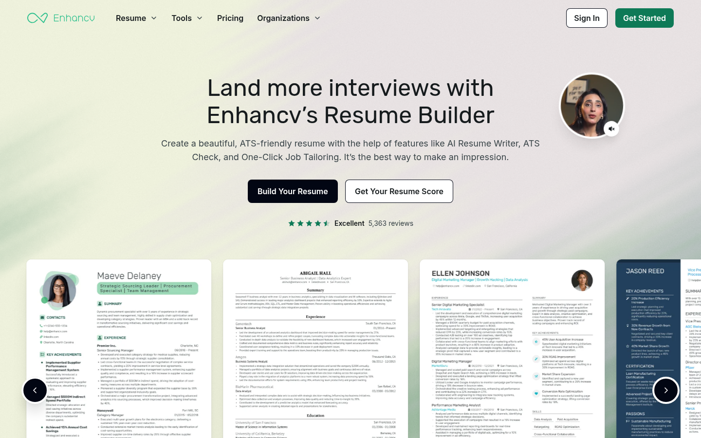 Enhancv home page showing the resume builder headline and template carousel, captured 25 October 2026