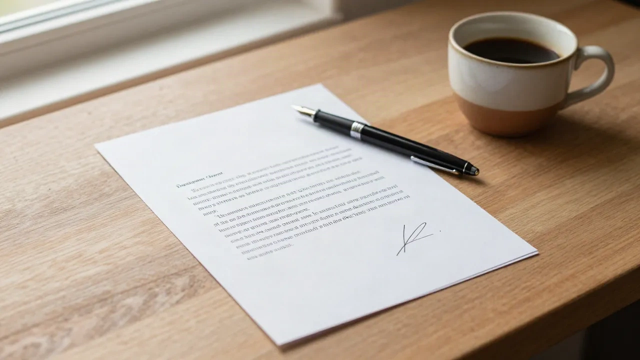 A signed cover letter on a wooden desk with a fountain pen and a cup of coffee